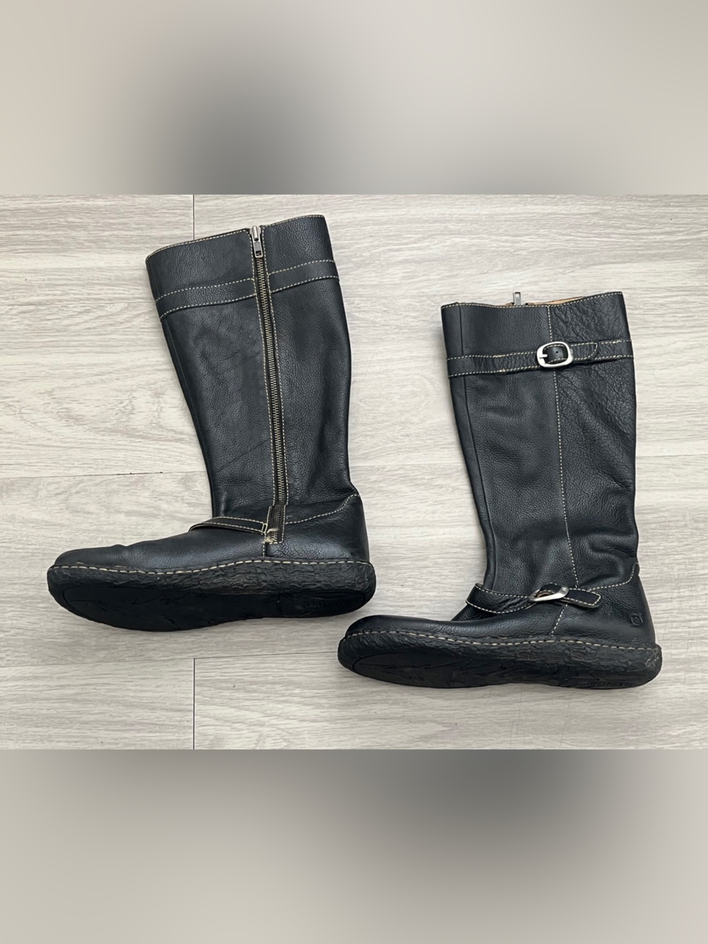 Born Black Leather Mid-Calf Heeled Zip Boots with Buckle Accent - Picture 2 of 10